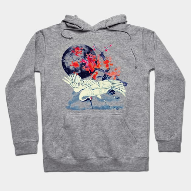 Japanese Sumi E Moonlight Crane Hoodie by Underthespell